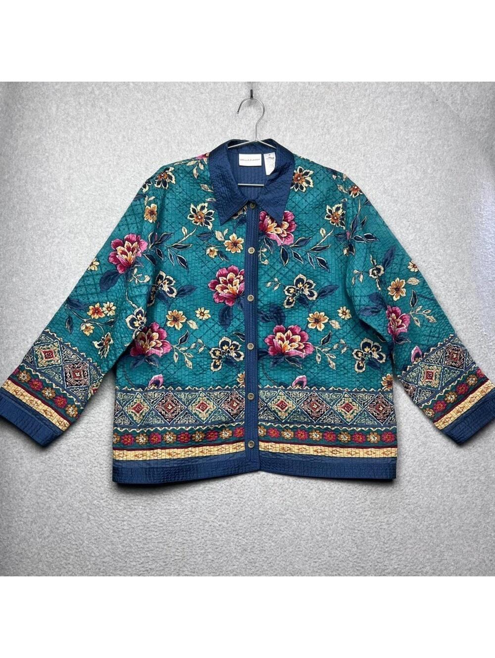 VTG Alfred Dunner Quilted Floral Tapestry Jacket 14 Cotton Grannycore Boho Teal